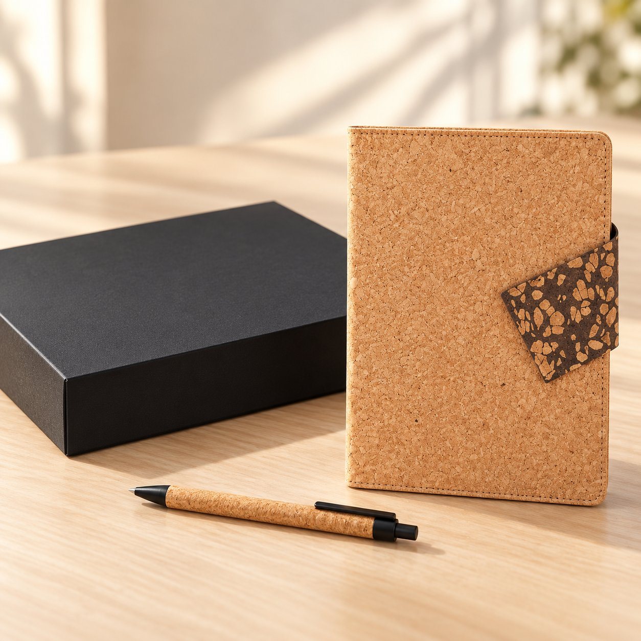 Notebook set of 2: A5 cork notebook with coffee-cork flap and cork pen beside a black gift box
