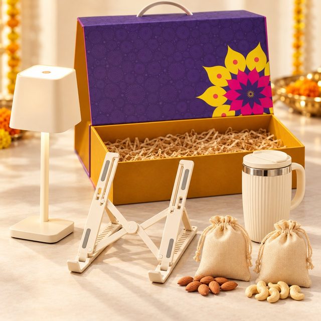 Celebrations set of 5: cream table lamp, white folding laptop stand, almond and cashew pouches and cream steel mug before a purple magnetic box