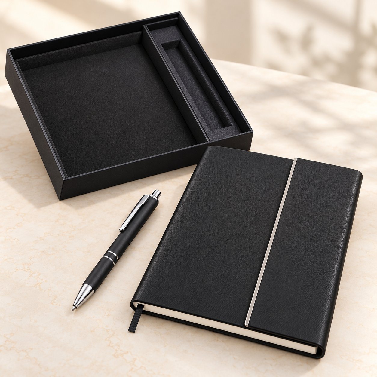 Black 3-fold notebook and metal pen