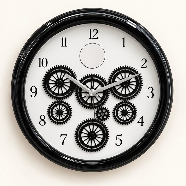 ChronoGear wall clock with black bezel, white dial and six black gears