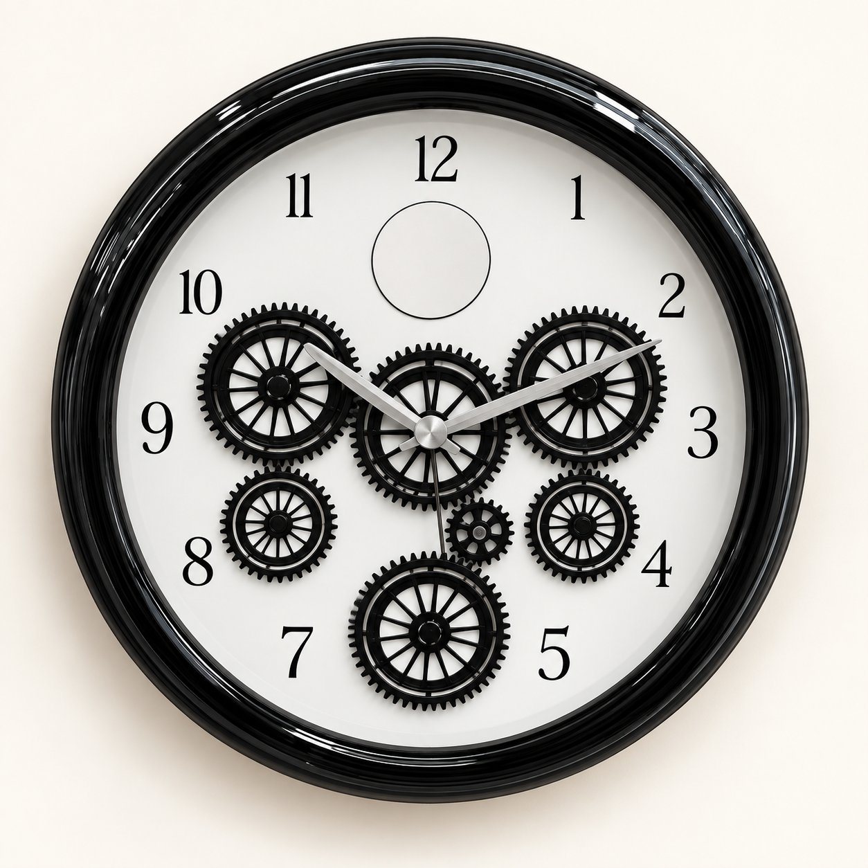 ChronoGear wall clock with black bezel, white dial and six black gears