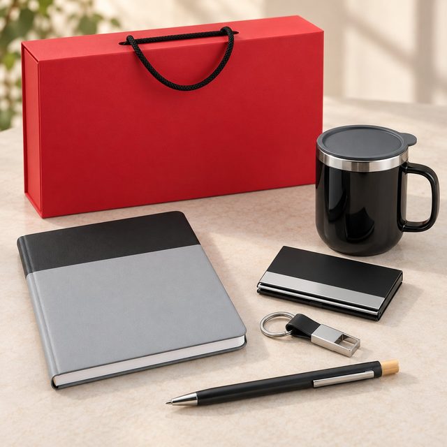 Desk set of 5: grey and black A5 notebook, black steel mug, metal pen, keychain and card holder before a red magnetic box