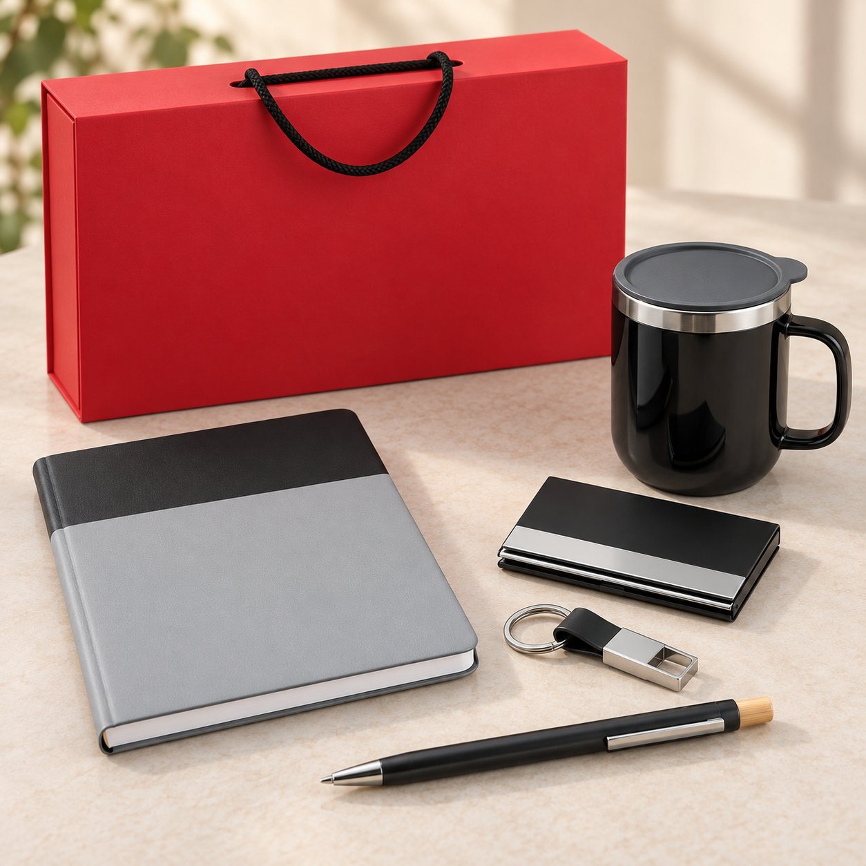 Desk set of 5: grey and black A5 notebook, black steel mug, metal pen, keychain and card holder before a red magnetic box