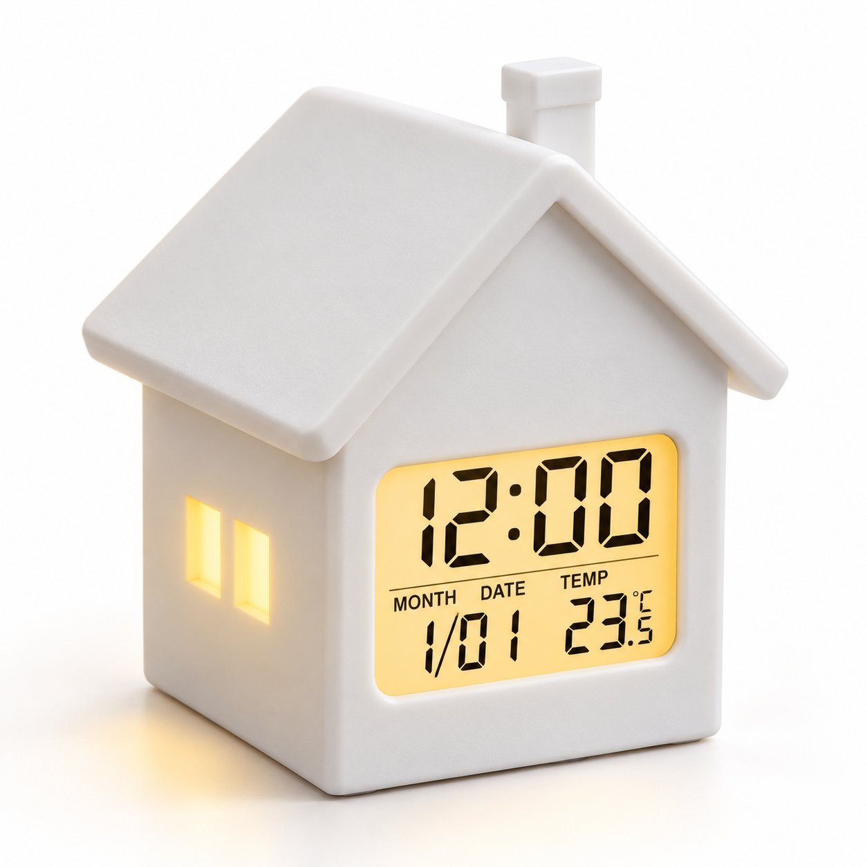 Click to zoom White hut-shape LED clock with glowing windows