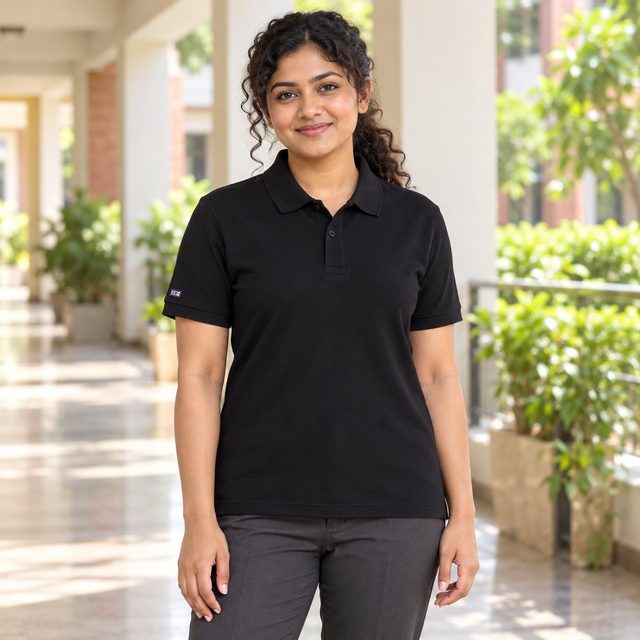 Woman wearing Arrow Cotton Collar T-Shirt in Black, annual day gift