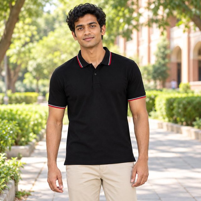 Man wearing Arrow Cotton Tipping Collar T-Shirt in Black With Red And White Tipping, client gift