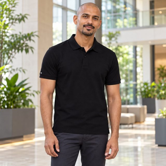 Man wearing Arrow Mercerised Collar T-Shirt in Black, festive gifting