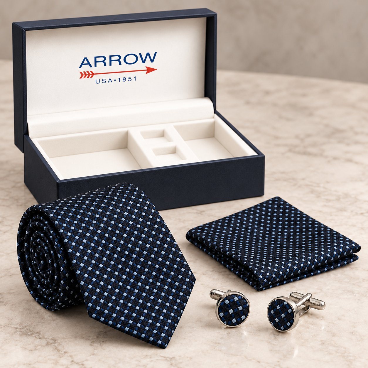 Click to zoom Arrow Tie, Cufflink and Pocket Square Set in Assorted, corporate gifting
