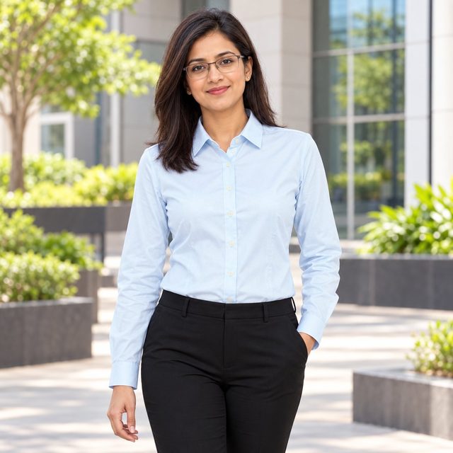 Woman wearing Arrow Women's Easy Care Shirt in Easy Light Blue, team uniform