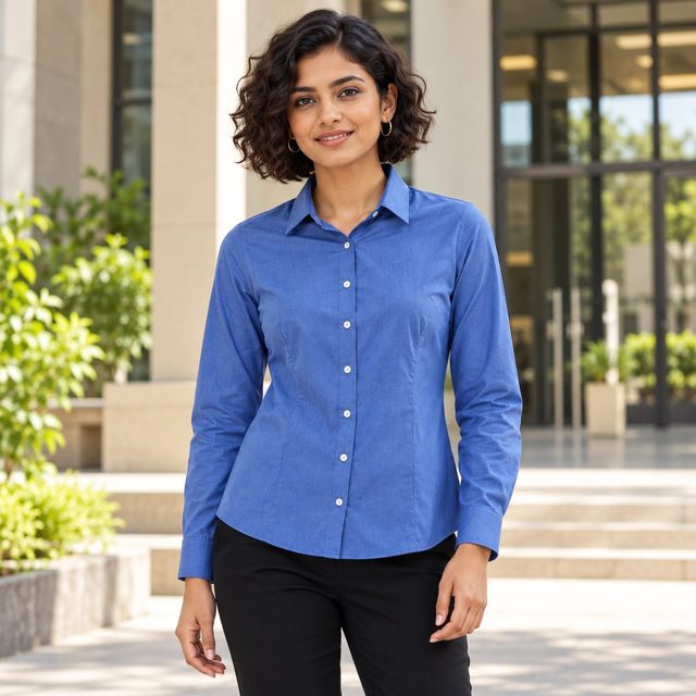 Woman wearing Arrow Women's Filafil Shirt in Blue, event giveaway