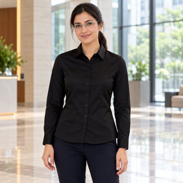 Woman wearing Arrow Women's Satin Shirt in Black, dealer meet gift