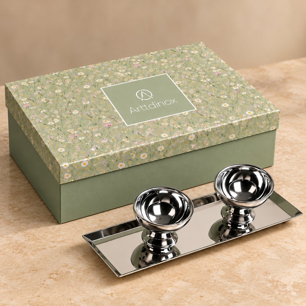 Click to zoom Arttd'inox Flower Longish Platter with Zero Degree Ice Cream Cups in Steel, corporate gifting