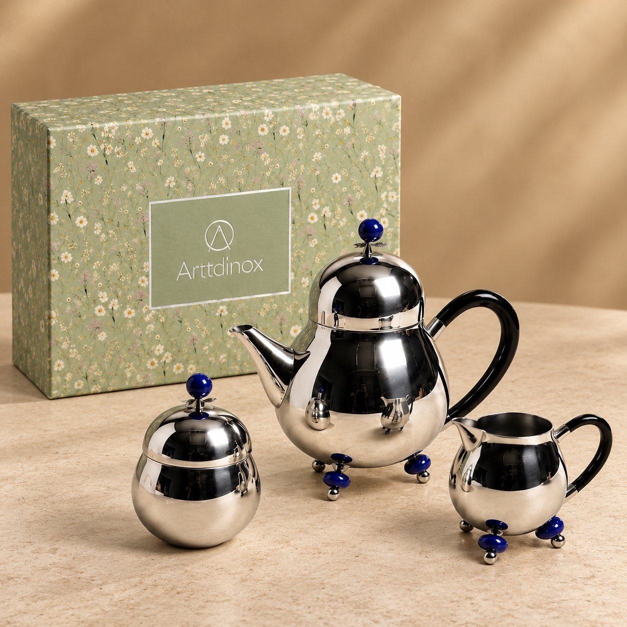Click to zoom Arttd'inox Blue Berry Tea Set in Steel/Blue, annual day gift