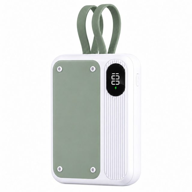 White & Sage Green mini power bank with built-in cables