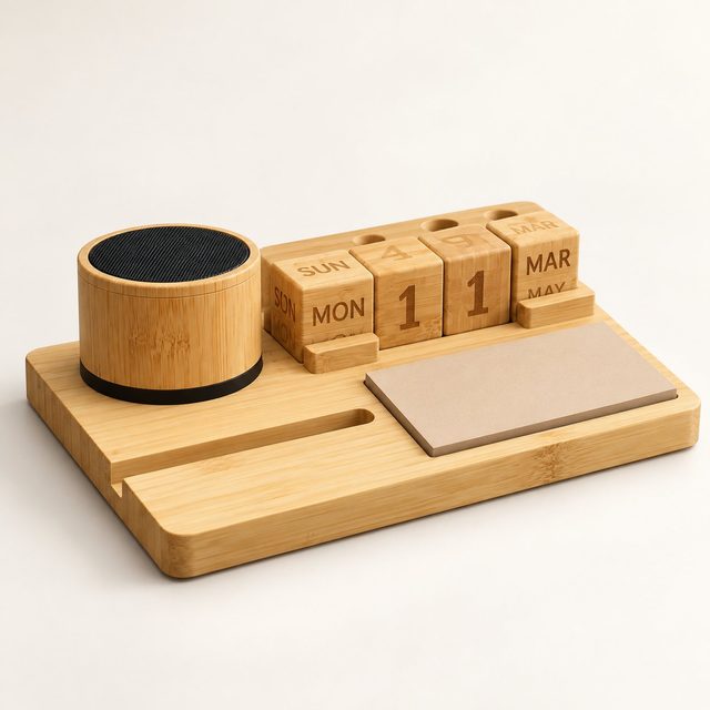 Bamboo speaker desk organiser