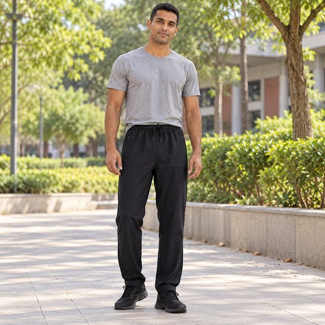 Man wearing Decathlon Men's 2-in-1 Stretch Quick Dry Trackpant in Black, bulk order with company logo
