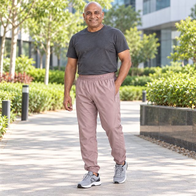 Man wearing Decathlon Men's Cardio Fitness Training Bottoms in Frozen Brown, annual day gift