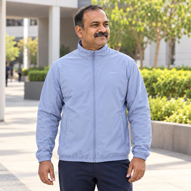 Man wearing Decathlon Men's Cardio Fitness Tracksuit Jacket FJA 100 in Greyish Blue, corporate gifting