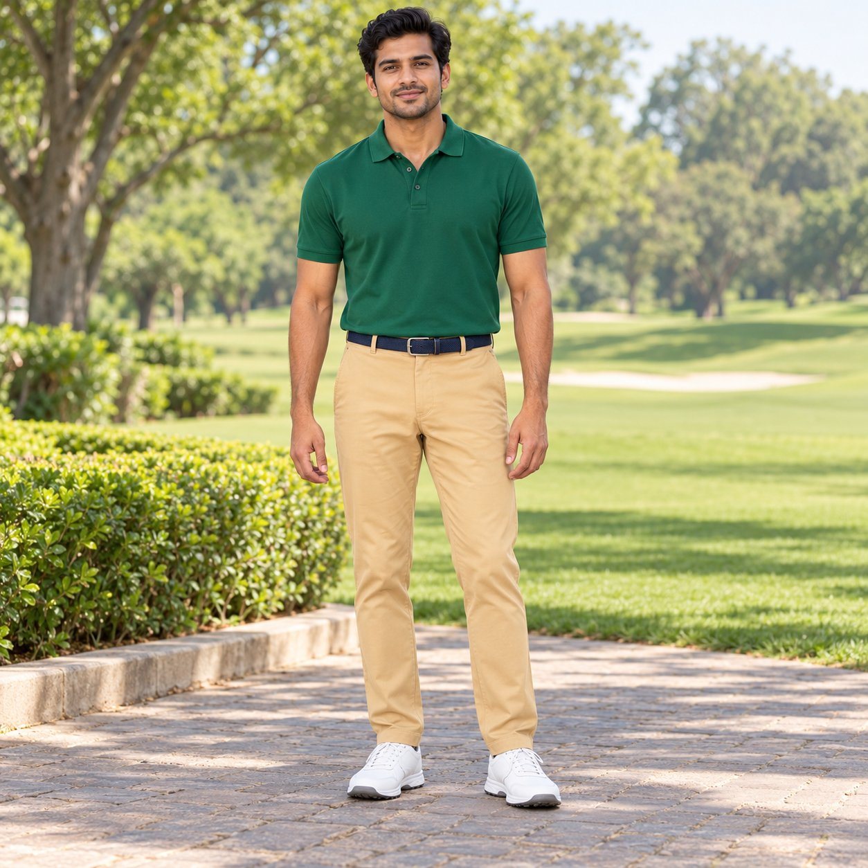 Click to zoom Man wearing Decathlon Men's Golf Cotton Chino Trousers MW500 in Beige, employee onboarding kit