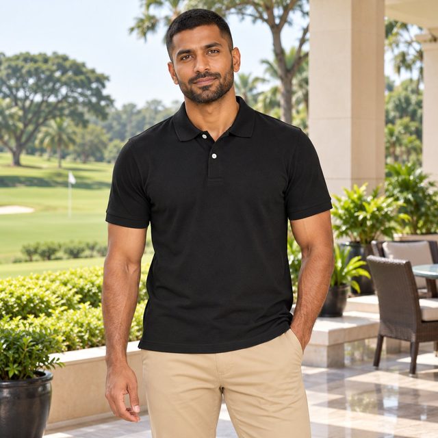 Man wearing Decathlon Men's Golf Cotton Polo MW100 in Black, sales team reward