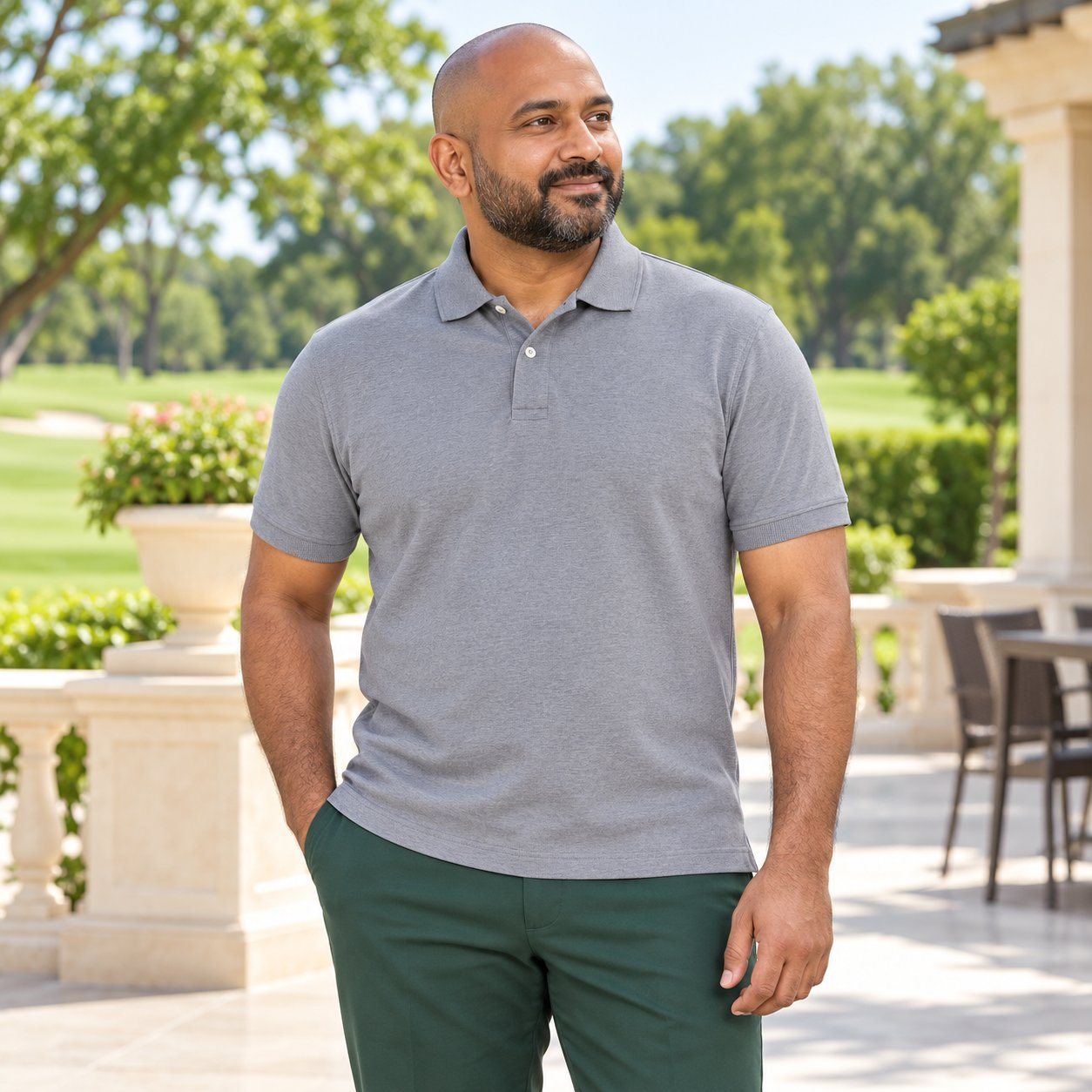 Click to zoom Man wearing Decathlon Men's Golf Polo MW500 in Dark Grey, dealer meet gift