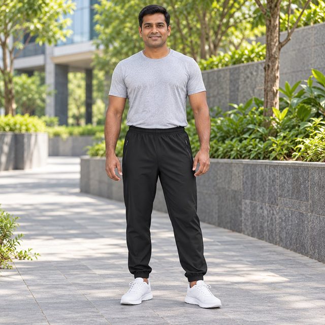 Man wearing Decathlon Men's Quick Dry Jog Fit Gym Trackpant in Black, sales team reward