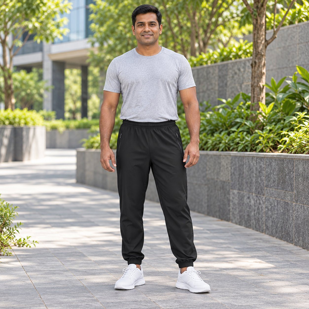 Click to zoom Man wearing Decathlon Men's Quick Dry Jog Fit Gym Trackpant in Black, sales team reward