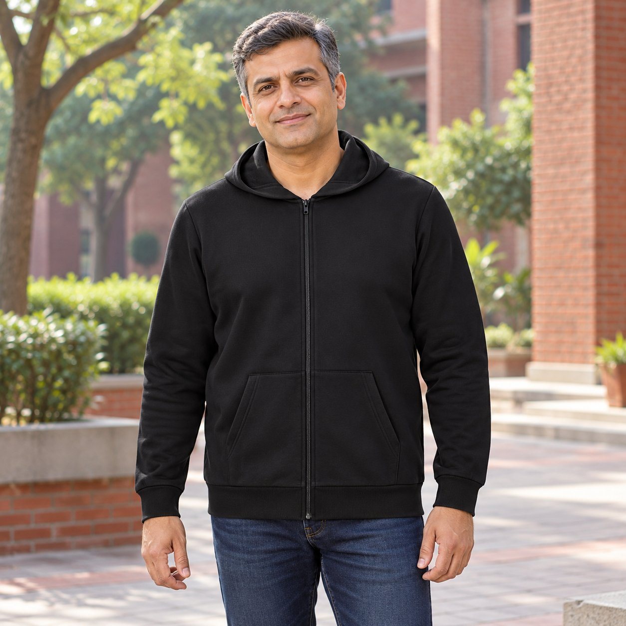 Click to zoom Man wearing Decathlon Zip Hoodie Sweatshirt 100 in Black, dealer meet gift