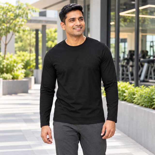 Man wearing Decathlon Men's Long Sleeve Gym T-Shirt 100 in Black, annual day gift