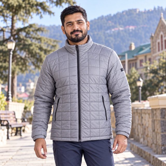 Woman wearing Decathlon Mountain Trekking Synthetic Padded Jacket MT100 -5°C in Grey, event giveaway
