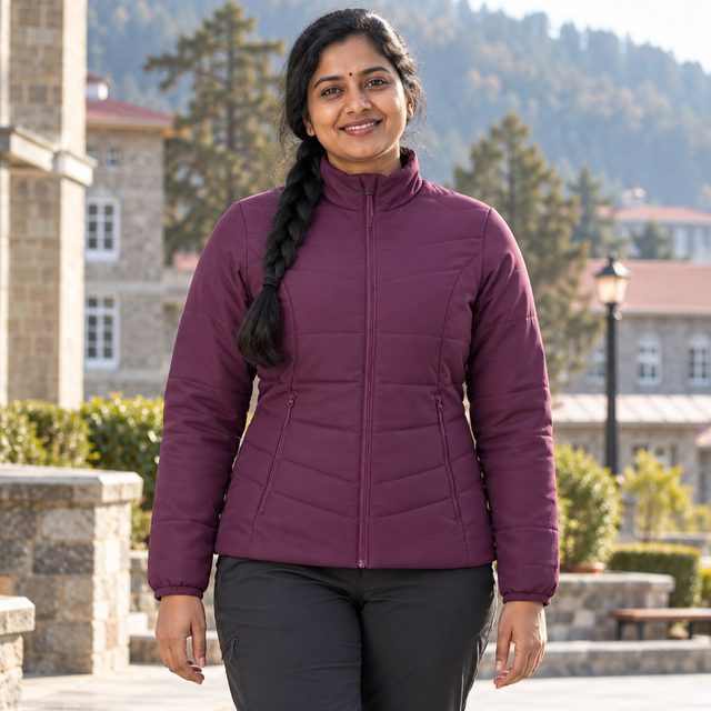 Woman wearing Decathlon Women's Trekking Puffer Jacket MT50 in Purple, annual day gift
