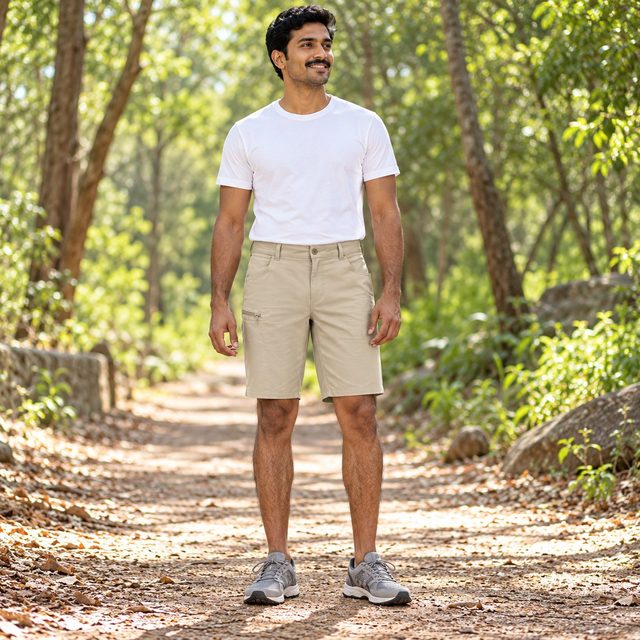 Man wearing Decathlon Men's Light Cargo Shorts NH500 in Beige, employee onboarding kit