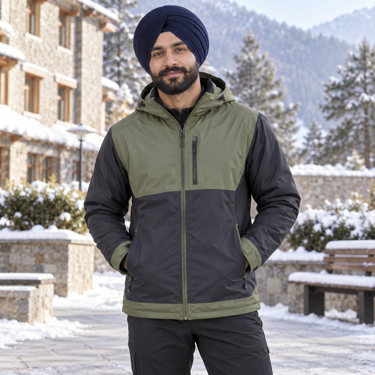 Man wearing Decathlon Men's Waterproof Winter Hiking Jacket NH500 -10°C in Green, corporate gifting