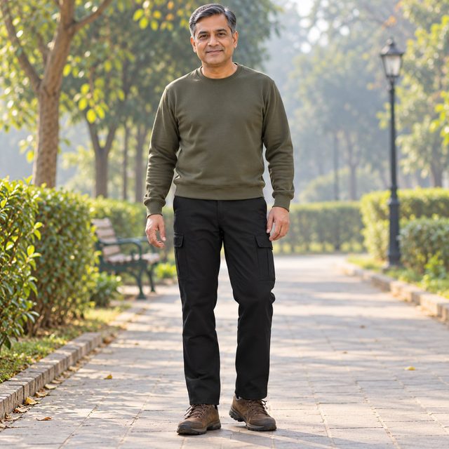 Man wearing Decathlon Men's Cargo Trousers SG-300 in Black, event giveaway