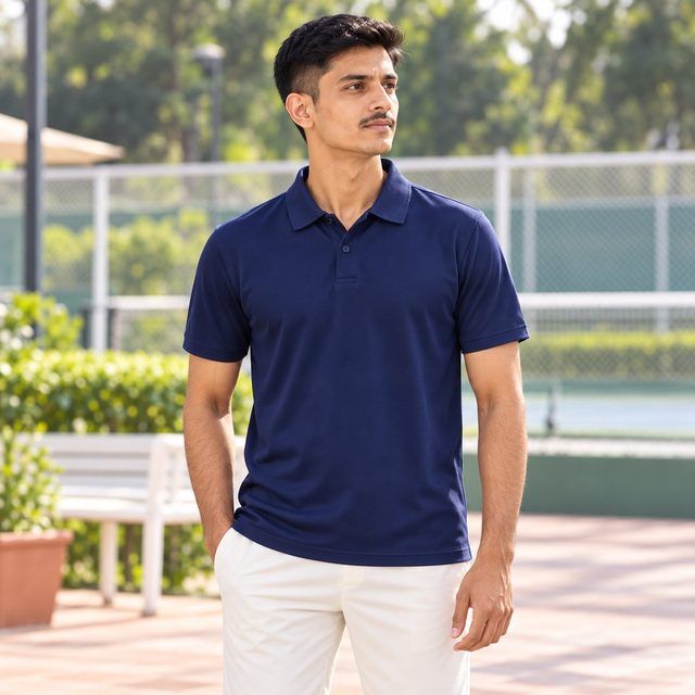 Man wearing Decathlon Men's Tennis Polo Dry 100 in Navy Blue, employee onboarding kit