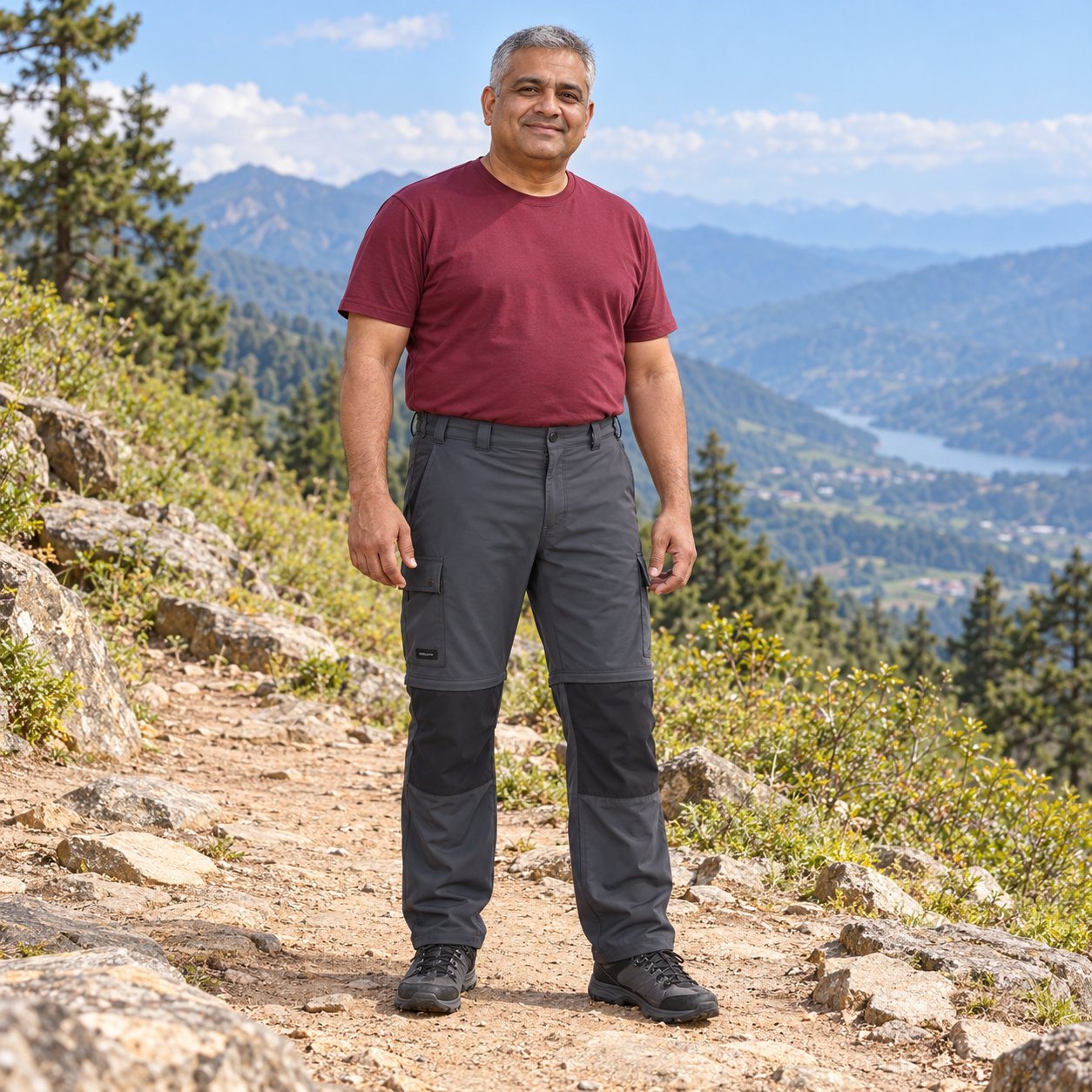Click to zoom Man wearing Decathlon Men's Zip-Off Convertible Cargo Pant in Grey, sales team reward