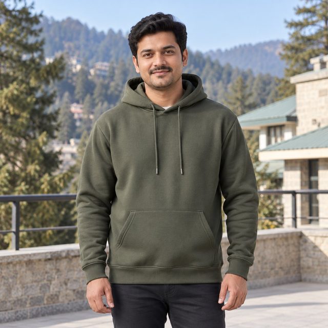Man wearing Duke Hoodie with Kangaroo Pocket in Olive, employee onboarding kit