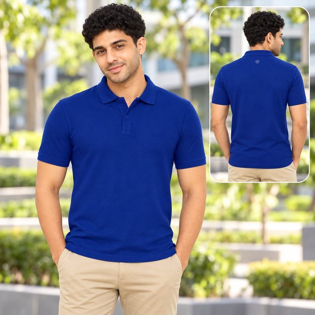 Man wearing Duke Basic Polo Tee in Royal Blue, festive gifting