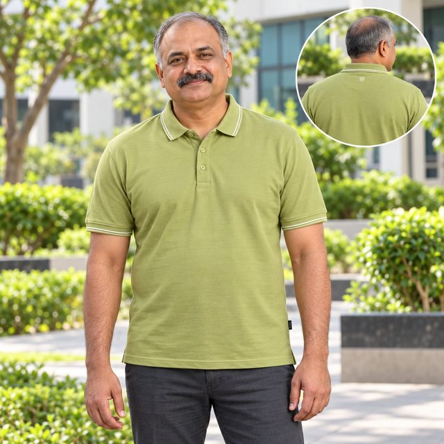 Man wearing Duke Basic Polo Tee (tipped) in Basil, event giveaway