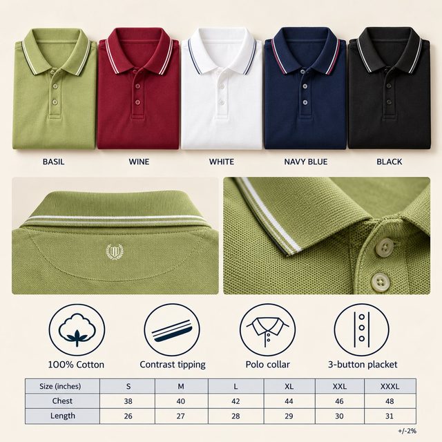 Duke Basic Polo Tee (tipped) in all 5 colours, 100% cotton with contrast tipping, for bulk order with company logo
