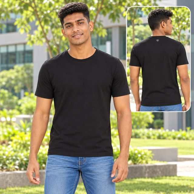 Man wearing Duke Crew Neck T-Shirt in Black, bulk order with company logo