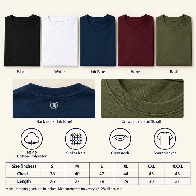 Duke Crew Neck T-Shirt in all 5 colours, 60:40 cotton-polyester sinker knit, for dealer meet gift
