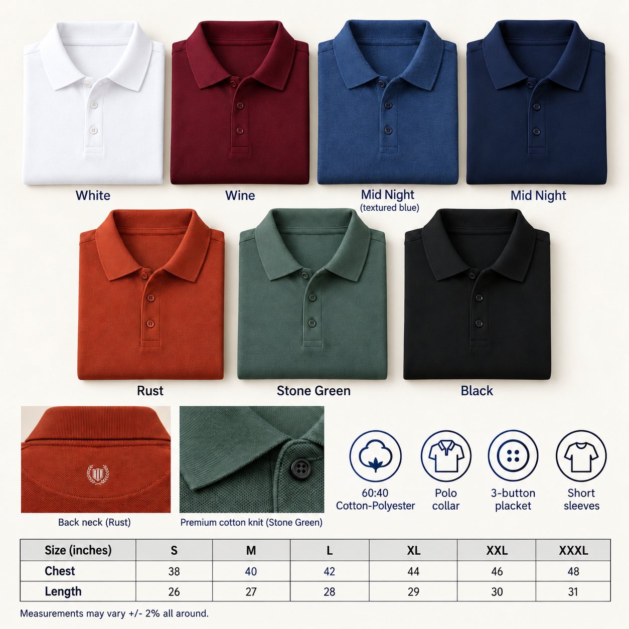 Duke Smart Polo Tee in all 7 colours, 60:40 cotton-polyester (fresh cotton), for festive gifting