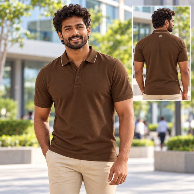 Man wearing Duke Smart Polo Tee in Wood, event giveaway