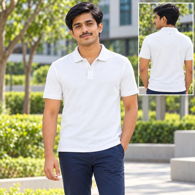 Man wearing Duke Basic Polo Tee in White, client gift