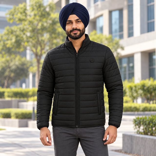 Man wearing Duke Full Sleeve Puffer Jacket in Black, corporate gifting