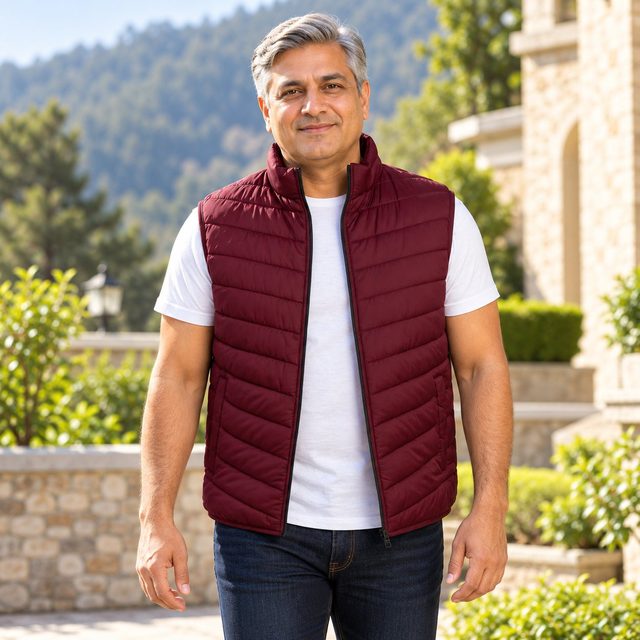 Man wearing Duke Half Sleeve Puffer Jacket in Wine, bulk order with company logo