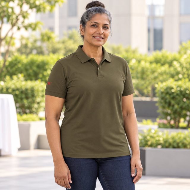 Woman wearing Flying Machine Dry Fit Collar T-Shirt 200 GSM in Olive Green, employee onboarding kit