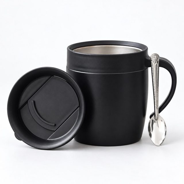 Stainless Steel Double Wall Tea Cup with Slider Lid & Spoon, 350 ml