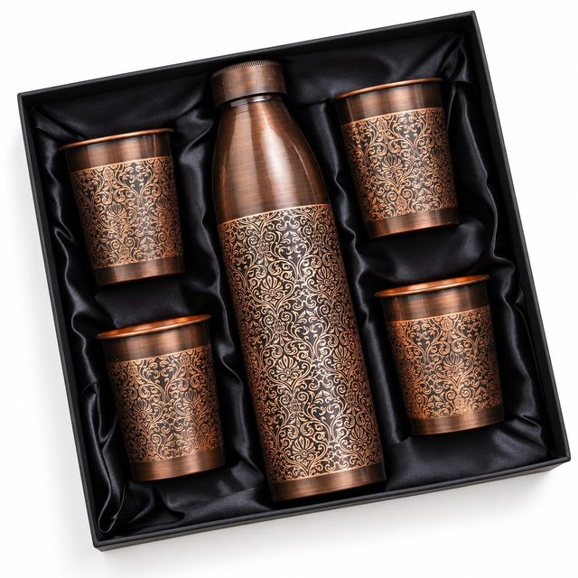 Antique Laser Finish 1+4 Copper Bottle Set